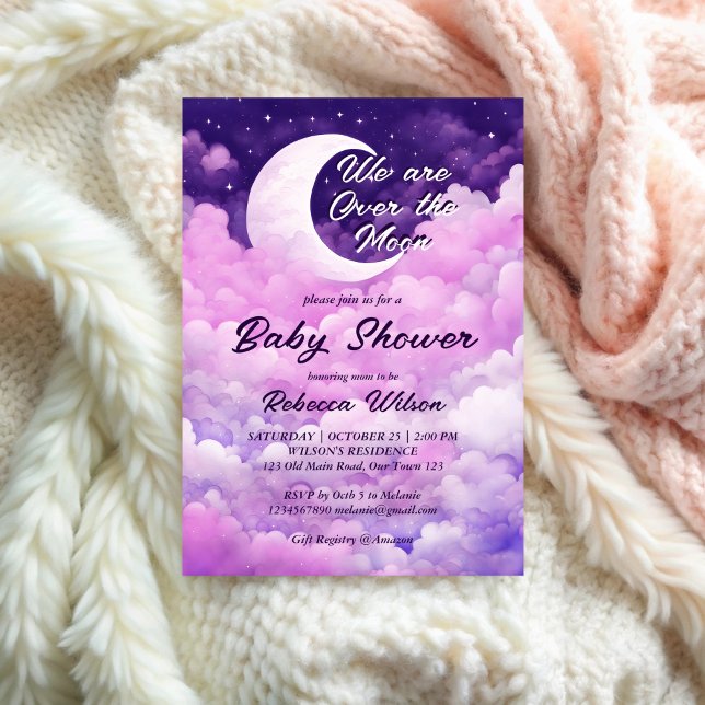 Over the moon purple pink baby shower invitation (Over the moon purple pink girl baby shower invitation template galaxy stars moon baby shower invite)