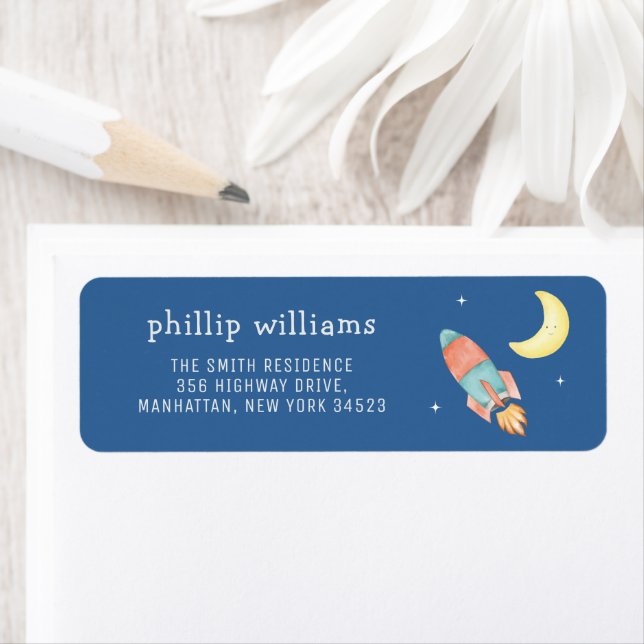 Over The Moon Rocket Baby Shower Return Address (Insitu)