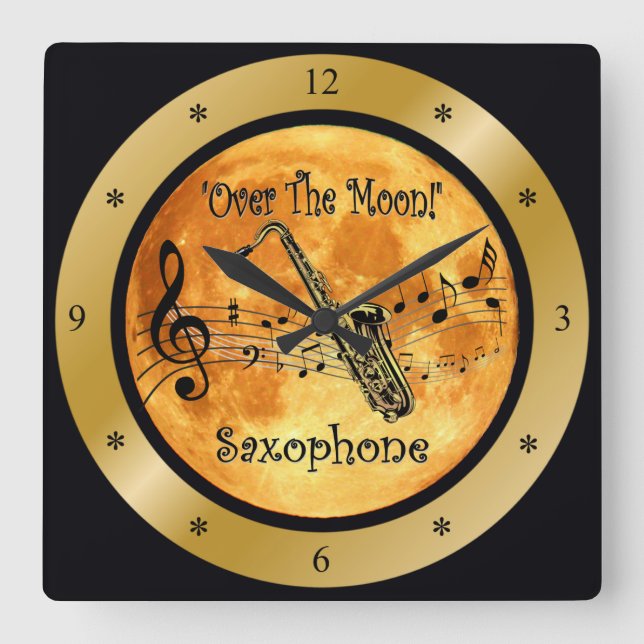 Over The Moon ~ Saxophone ~ Musical Scale ~ * ~ Square Wall Clock (Front)