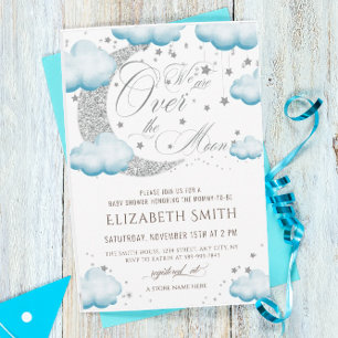 Over the Moon Silver Blue Baby Shower Boy Invitation