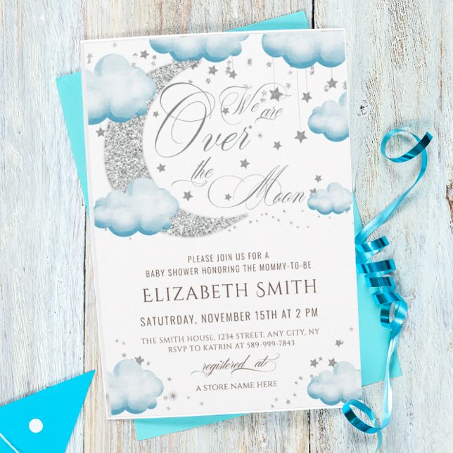Over the Moon Silver Blue Baby Shower Boy Invitation (Creator Uploaded)