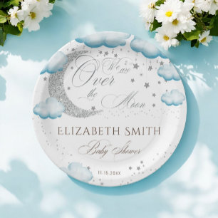 Over the Moon Silver Blue Boy  Baby Shower Paper Plate