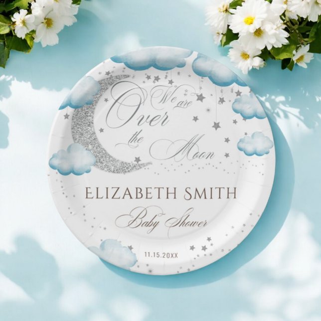 Over the Moon Silver Blue Boy  Baby Shower Paper Plate (Creator Uploaded)