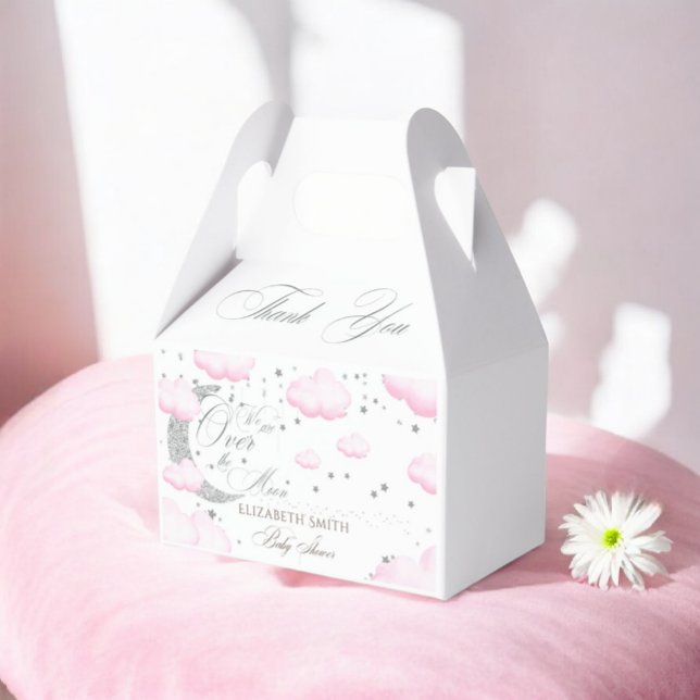 Over the Moon Silver Pink Girl Baby Shower Favour Box (Creator Uploaded)