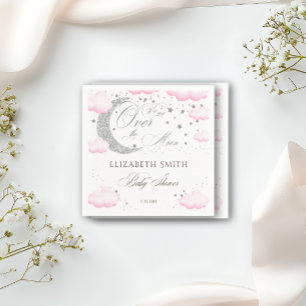 Over the Moon Silver Pink Girl Baby Shower Napkin