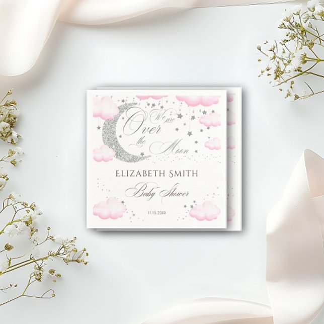 Over the Moon Silver Pink Girl Baby Shower Napkin (Creator Uploaded)