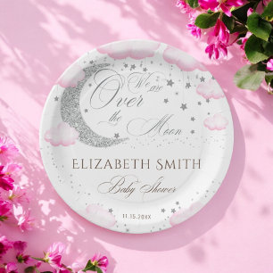 Over the Moon Silver Pink Girl Baby Shower Paper Plate