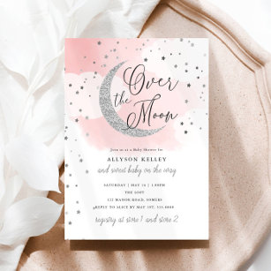 Over the Moon Silver Stars Pink Baby Shower Invitation