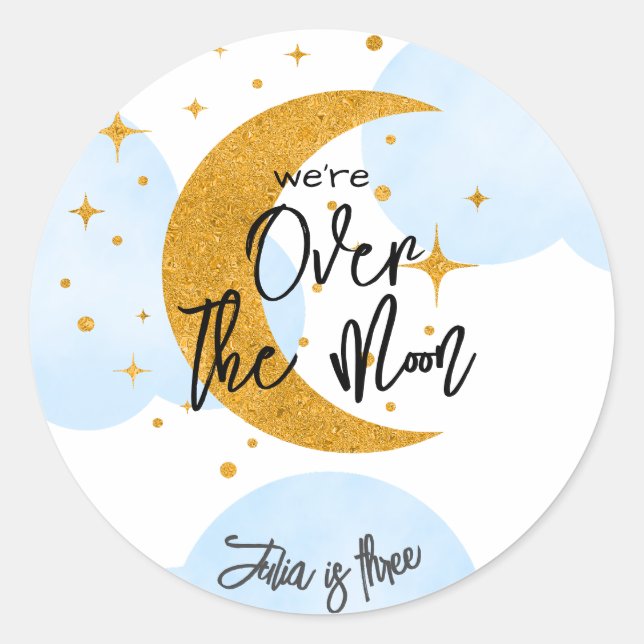 Over the moon sparkling moon kids Birthday Classic Round Sticker (Front)