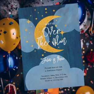Over the moon sparkling moon kids Birthday Invitation