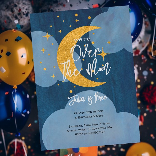 Over the moon sparkling moon kids Birthday Invitation (Creator Uploaded)