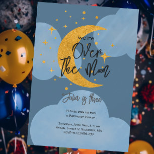Over the moon sparkling moon kids Birthday Invitation