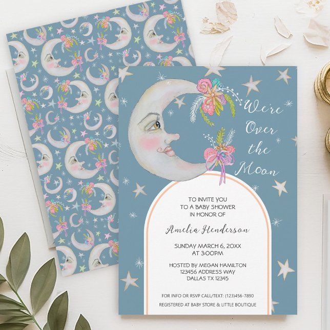 Over the Moon Stars Floral Peach Teal Baby Shower Invitation (Creator Uploaded)