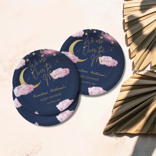 Over the Moon stars pink baby shower Paper Plate (Creator Uploaded)