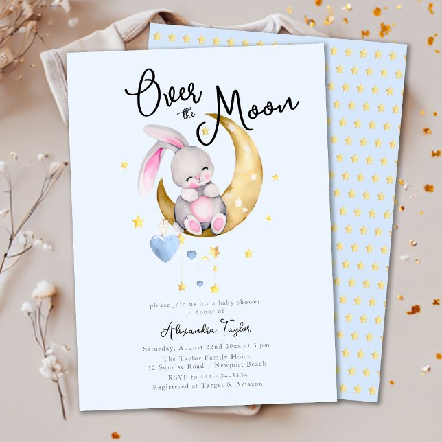 Over the Moon Stars Rabbit Blue Boy Baby Shower Invitation (Creator Uploaded)