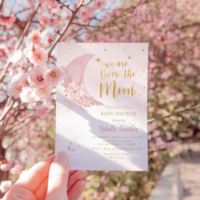 Over The Moon & Stars Watercolor Girl Baby Shower Invitation (Creator Uploaded)