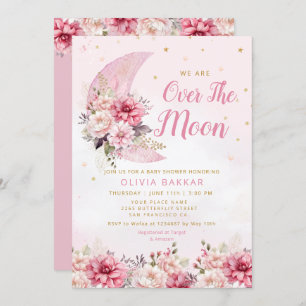 Over The Moon & Stars Watercolor Girl Baby Shower Invitation