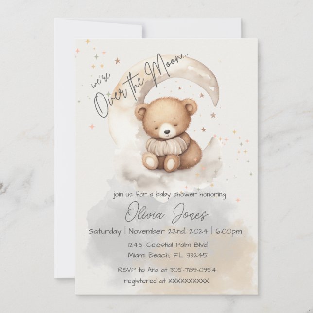 Over the Moon Teddy Bear Baby Shower Invitation (Front)
