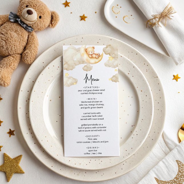 Over The Moon Teddy Bear Baby Shower Menu Card (Creator Uploaded)
