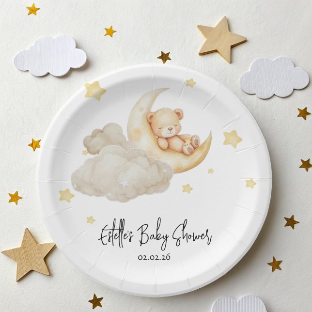 Over The Moon Teddy Bear Baby Shower Paper Plate (Creator Uploaded)