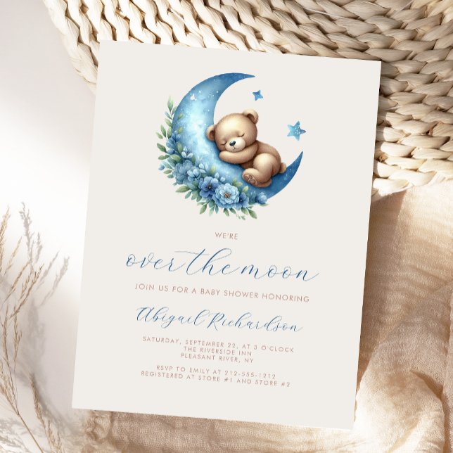 Over the Moon Teddy Bear Blue Boy Baby Shower Postcard (Creator Uploaded)