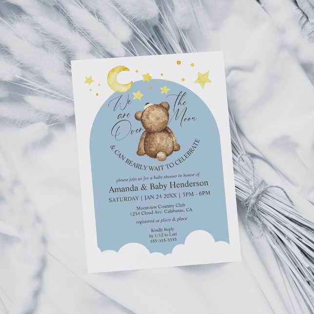 Over The Moon Teddy Bear Dusty Blue Baby Shower Invitation (Creator Uploaded)