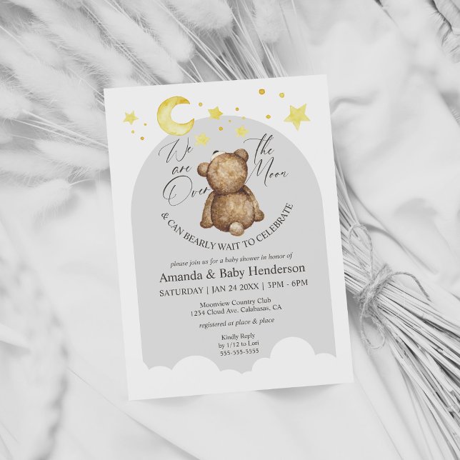Over The Moon Teddy Bear Grey Baby Shower Invitation (Creator Uploaded)