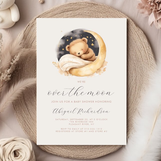 Over the Moon Teddy Bear Neutral Boho Baby Shower Invitation (Creator Uploaded)