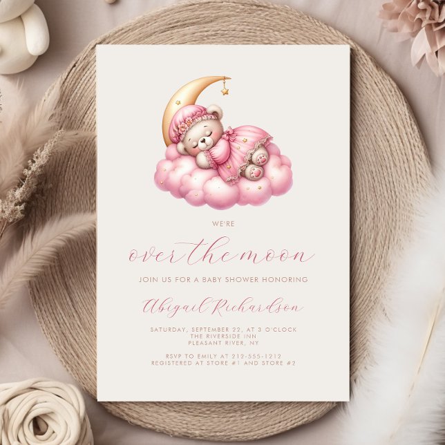 Over the Moon Teddy Bear Pink Girl Baby Shower Invitation (Creator Uploaded)