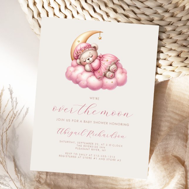 Over the Moon Teddy Bear Pink Girl Baby Shower Postcard (Creator Uploaded)