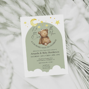 Over The Moon Teddy Bear Sage Green Baby Shower Invitation