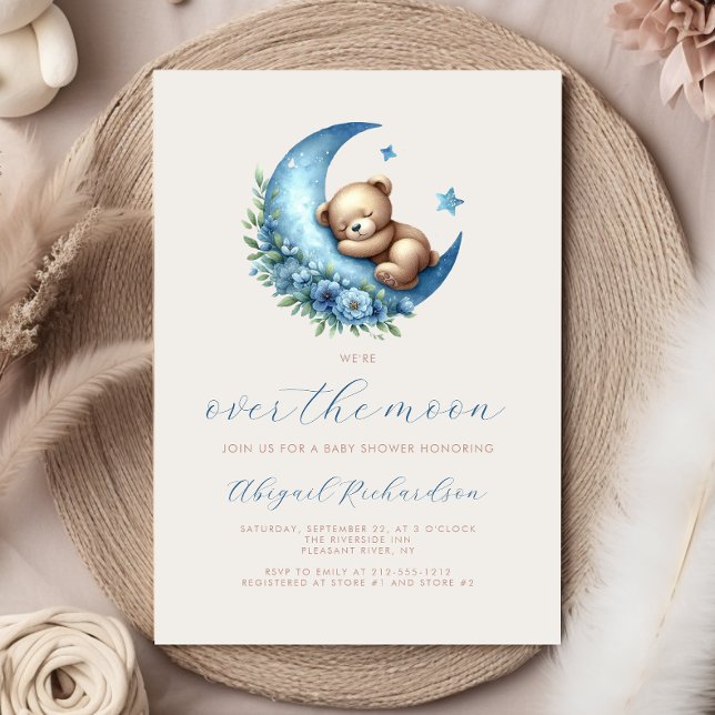 Over the Moon Watercolor Bear Blue Boy Baby Shower Invitation (Creator Uploaded)