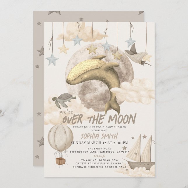 Over the Moon Whale Boho Baby Shower Invitation (Front/Back)
