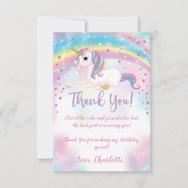 Over The Rainbow Birthday Party Unicorn Thank You Card (Front)