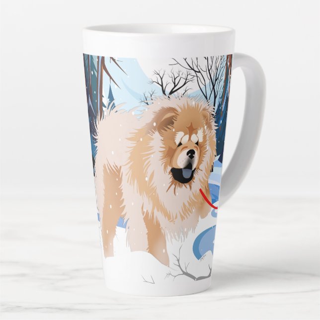 OVER THE RIVER Red Chow latte mug with text (Right Angle)