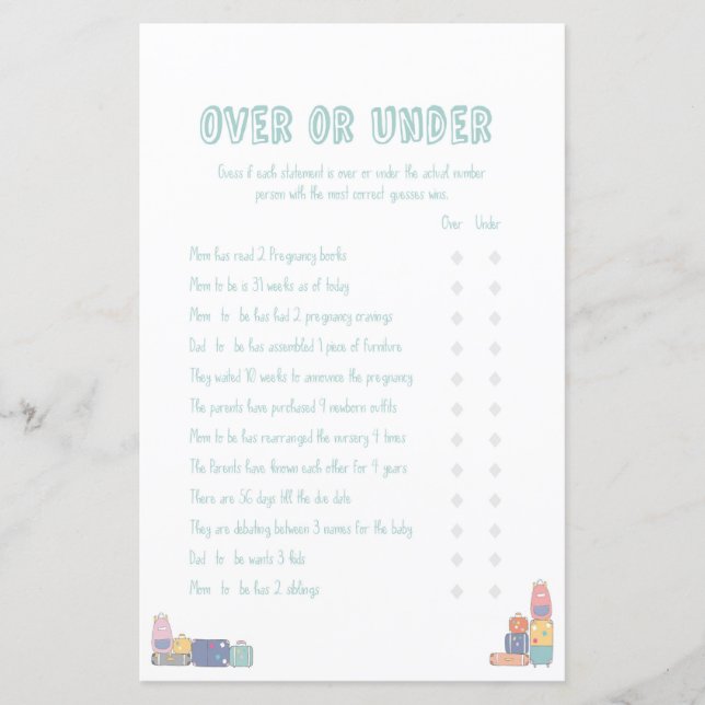 Over Under Adventure Baby Shower Game (Front)
