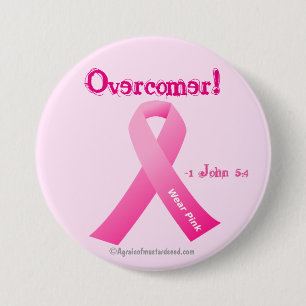 Overcomer! Pink Ribbon Breast Cancer Awareness 7.5 Cm Round Badge