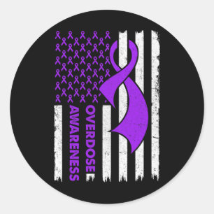 Overdose Awareness Flag Purple Ribbon Addiction Re Classic Round Sticker