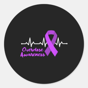 Overdose Awareness Heartbeat Purple Ribbon Opioid Classic Round Sticker