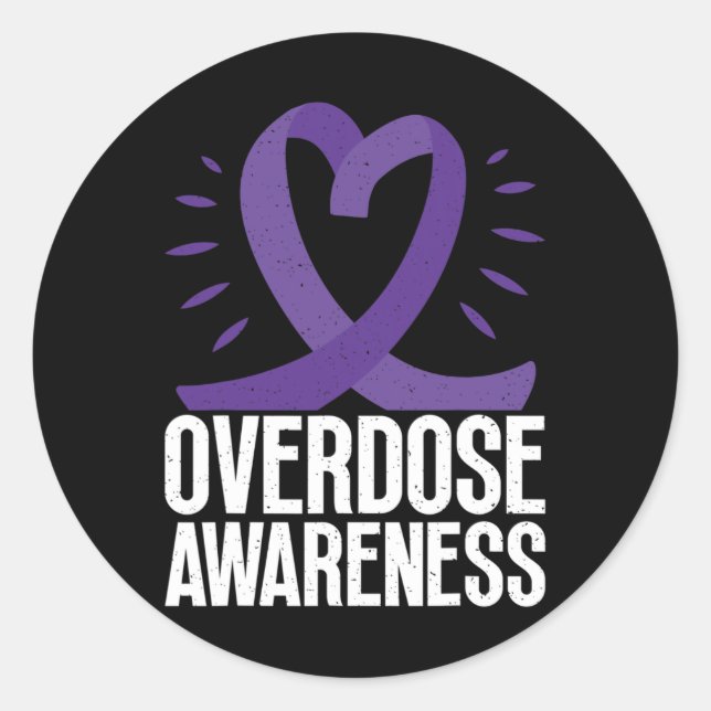 Overdose Awareness In Purple Ribbon For Drug Addic Classic Round Sticker (Front)