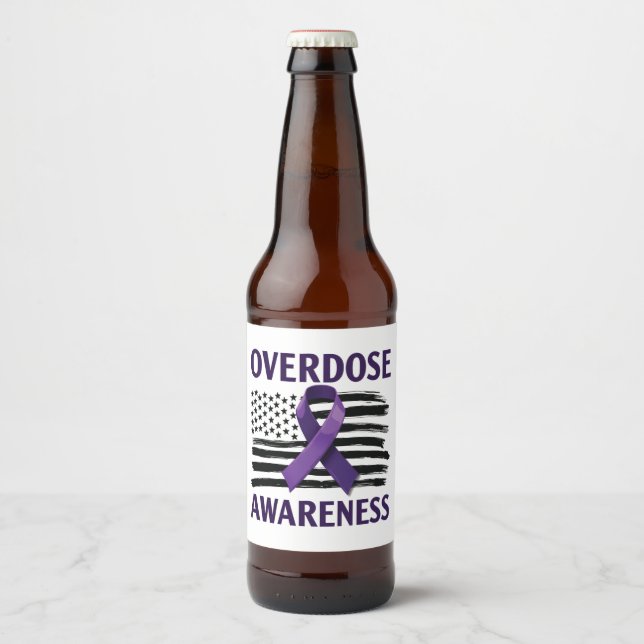 Overdose Awareness Month American Flag Ribbon Beer Bottle Label (Front)