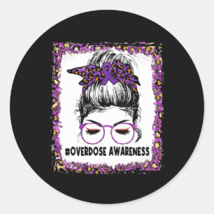 Overdose Awareness Wear Purple Leopard Messy Bun W Classic Round Sticker