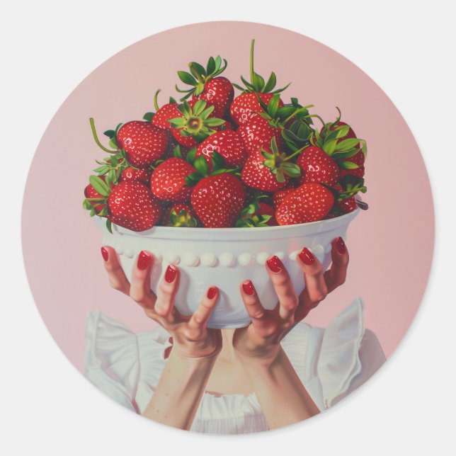 Overflowing Bowl of Strawberries  Classic Round Sticker (Front)