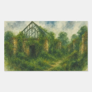 Overgrown Greenhouse in Ruins Watercolor Art Print Rectangular Sticker