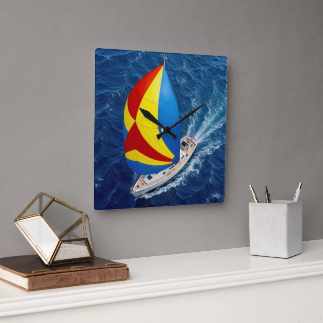 Overhead View Of a Sailing Yacht With Spinnaker Square Wall Clock (Office)