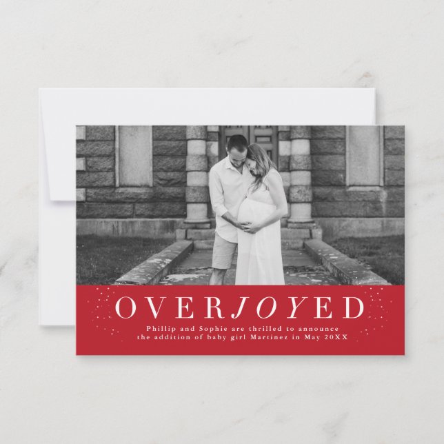 Overjoyed red holiday photo pregnancy announcement (Front)