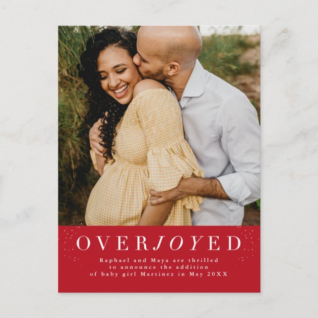 Overjoyed vertical holiday pregnancy announcement postcard (Front)