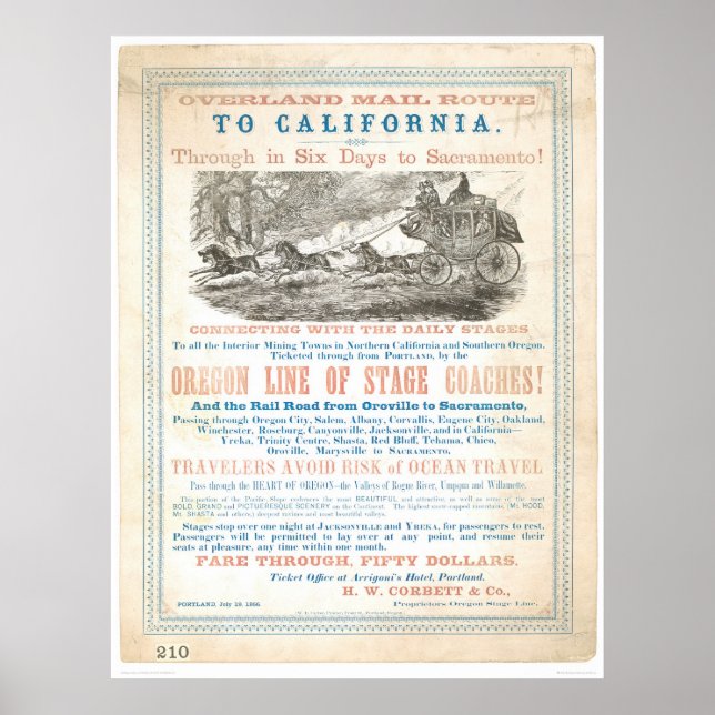 Overland Mail Route to CA 1866 (1257A) -Unrestored Poster (Front)