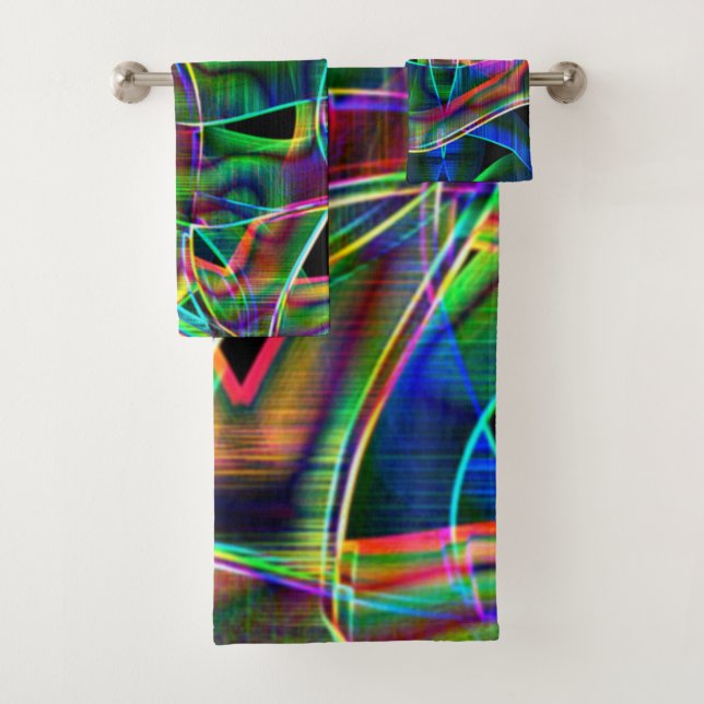 Overlapping band-like curves, neon colourful relie bath towel set (Insitu)