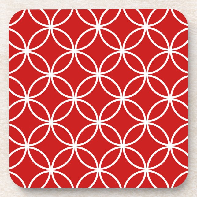 Overlapping Circles Geometric Pattern Red White Coaster (Front)